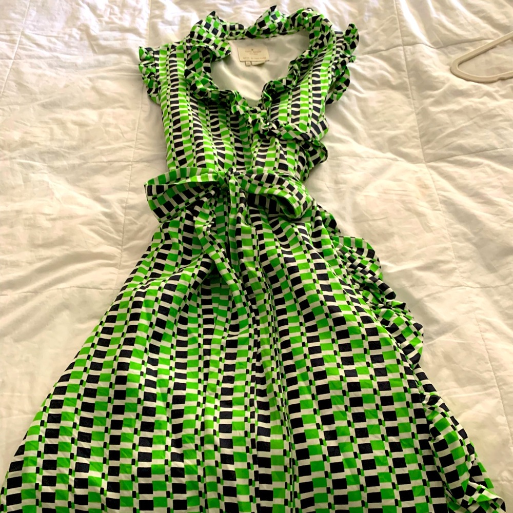 Kate Spade geometric print ruffle wrap dress